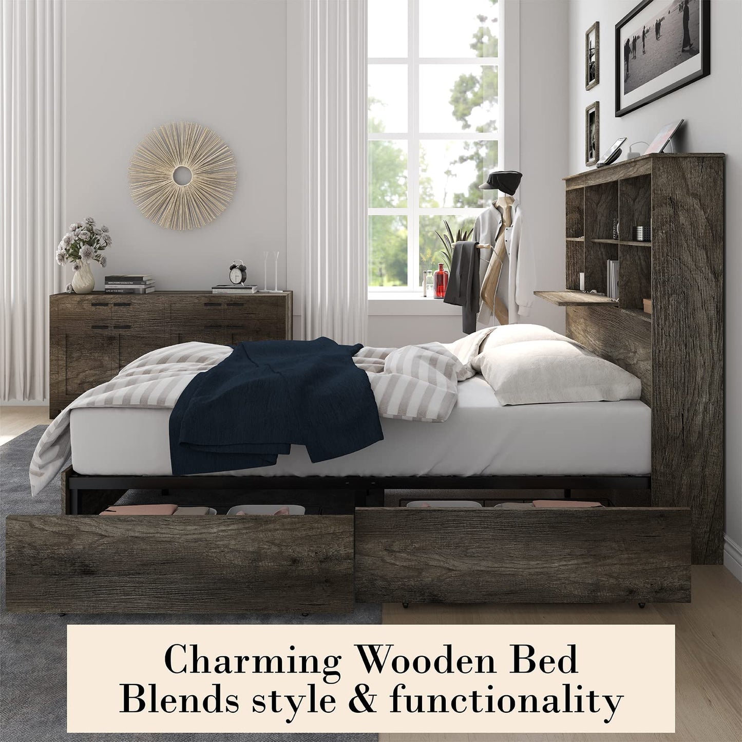 AMERLIFE King Size Wooden Platform Bed with Storage LED Bookcase Headboard and Charging Station, Rustic Grey - WoodArtSupply