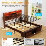 Farmhouse Queen Bed Frame with Bookcase Storage Headboard, Charging Station and LED Lights, Wood Bed Frame Queen Size with Sliding Barn Door Storage, Noiseless, No Box Spring Needed, Reddish Brown Dolonm