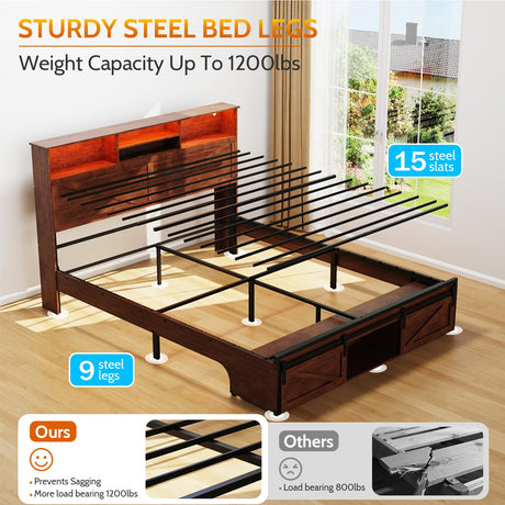 Farmhouse Queen Bed Frame with Bookcase Storage Headboard, Charging Station and LED Lights, Wood Bed Frame Queen Size with Sliding Barn Door Storage, Noiseless, No Box Spring Needed, Reddish Brown Dolonm