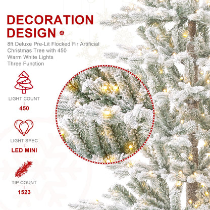 Glitzhome 8ft Deluxe Pre-Lit Flocked Fir Artificial Christmas Tree, Hinged Holiday Xmas Tree with 450 Warm White Lights, Three Function, Easy Assembly