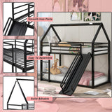 Merax Modern Twin Over Twin Heavy Steel Low Bunk Bed with Ladder and Slide, House Shaped Bunk Bed Frame with Full Lenght Guardrail, No Box Spring Needed, Space-Saving, Black Merax