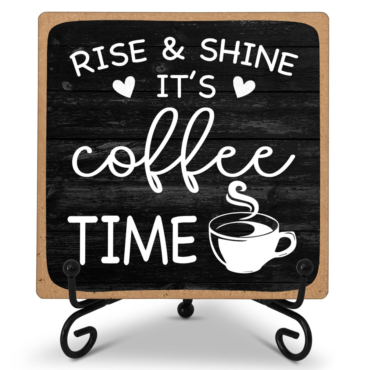 Farmhouse Coffee Bar Sign, Rise & Shine It's Coffee Time, 5"x5" Wood Plaque with Stand Gift for Home Kitchen Tabletop Decor -B09 YQV