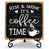 Farmhouse Coffee Bar Sign, Rise & Shine It's Coffee Time, 5"x5" Wood Plaque with Stand Gift for Home Kitchen Tabletop Decor -B09 YQV