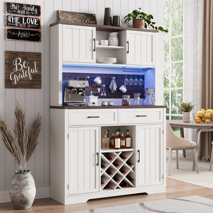 72" Coffee Bar Cabinet with Power Outlet & LED Light, Farmhouse Large Kitchen Hutch with Sliding Barn Door, Tall Bar Cabinets with Storage Drawers & Wine Glass Rack,Pantry China Cabinet for Home,White