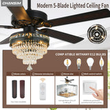 Crystal Chandelier Ceiling Fan with 3-Light, Farmhouse Fandelier with Remote - Silent DC Motor, K9-Crystal, Wood Blades, 3-Speed and Timing, Energy-Efficient Ceiling Fans for Living Room (52" Black) Chansim