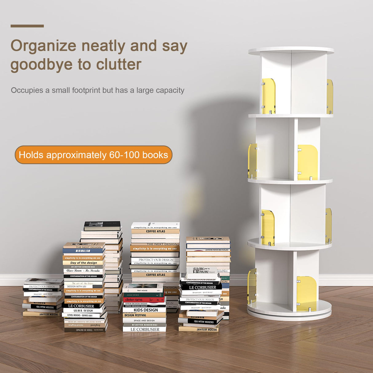 VECELO 4-Tier Rotating Bookshelf with Acrylic Windows - Elegant Pearl White Corner Storage Solution for Home and Office VECELO