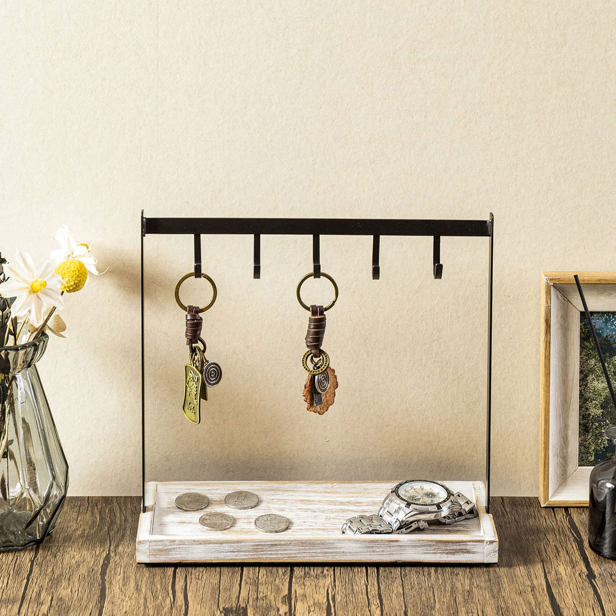 MyGift Black Metal Entryway Key Holder with 5 Hooks and Shabby Whitewashed Wood Base, Tabletop Necklace and Jewelry Organizer Rack with Ring Tray MyGift