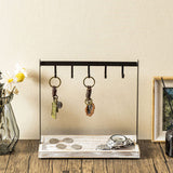 MyGift Black Metal Entryway Key Holder with 5 Hooks and Shabby Whitewashed Wood Base, Tabletop Necklace and Jewelry Organizer Rack with Ring Tray MyGift