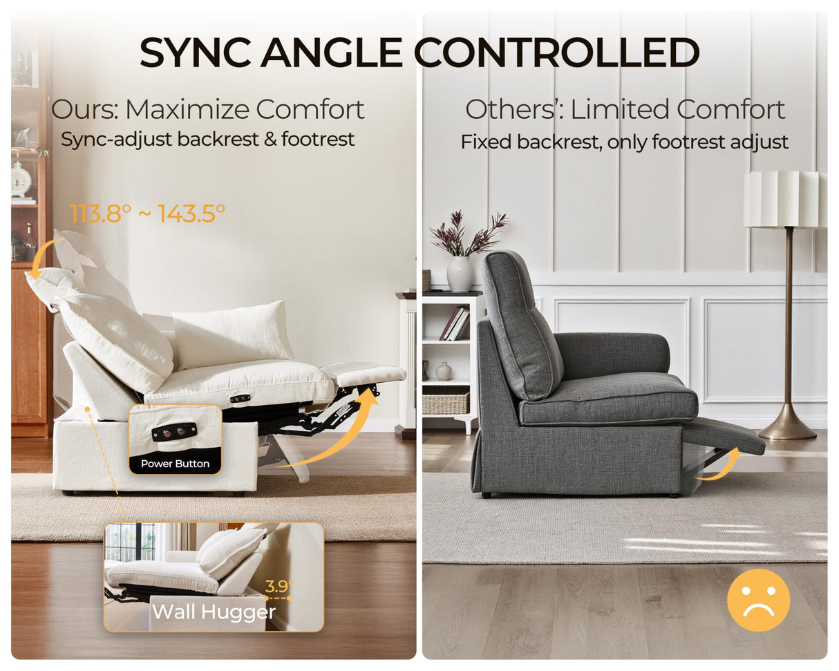 Bedeep 124.8'' Oversized Power Recliner Sofa with Headrest, Extra Wide Deep Modular Cloud Sectional Reclining Couch Wall Hugger, Convertible 3-Seater for RV Home Theater Living Room, Chenille, White Bedeep