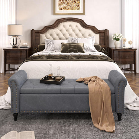65 Inch Bedroom Bench, End of Bed Bench with Storage, Bed Benches for Foot of Bed, Faux Leather Window Bench with Tufted Button and Nailhead Trim, Upholstered Storage Bench with Rolled Arms, Gray FiveWillowise