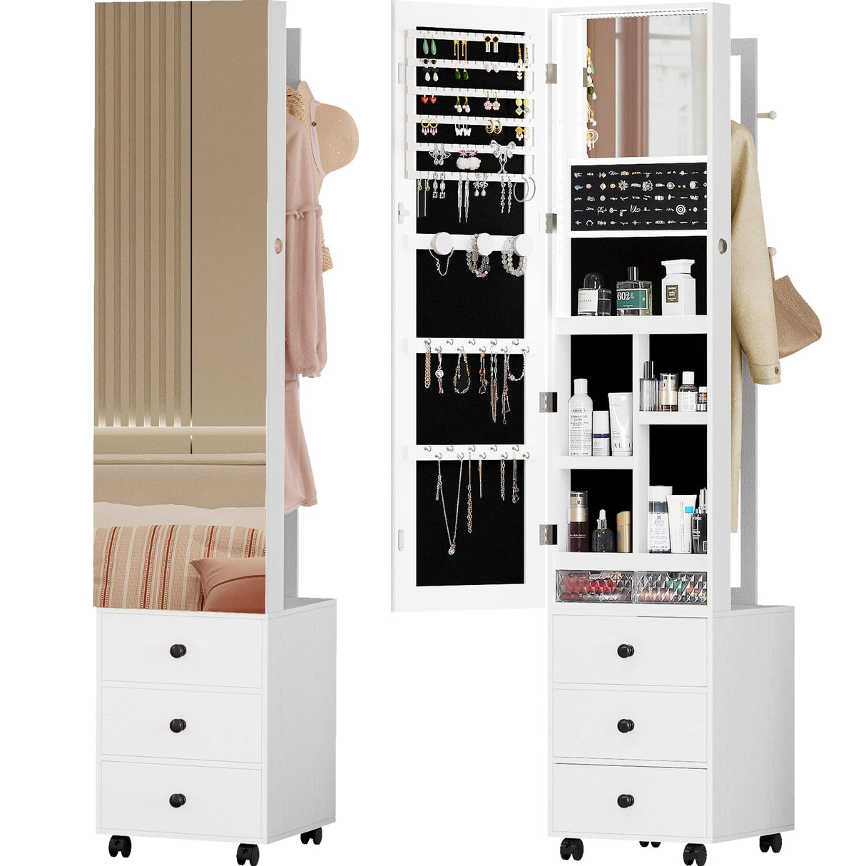IRONCK Jewelry Cabinet with 3 Drawers, Lockable Standing Jewelry Armoire Organizer with Garment Rack, Full Length Mirror with Jewelry Storage and 4 Wheels for Bedroom, Cloakroom, White IRONCK