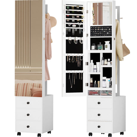 IRONCK Jewelry Cabinet with 3 Drawers, Lockable Standing Jewelry Armoire Organizer with Garment Rack, Full Length Mirror with Jewelry Storage and 4 Wheels for Bedroom, Cloakroom, White IRONCK