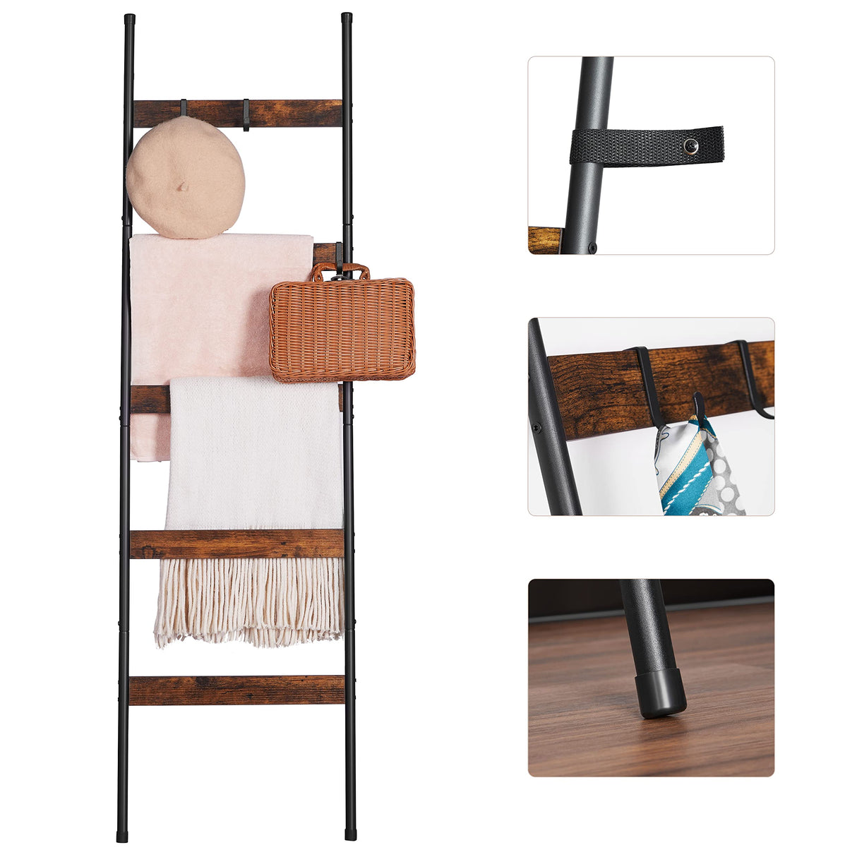 ELYKEN Blanket Ladder for Living Room, Farmhouse 5 -Tier Quilt Holder with 4 Removable Hooks for Bathroom, Wood Towel Rack Display, Wall Anchor Leaning Decorative Stand for Home Decor, Rustic Brown ELYKEN