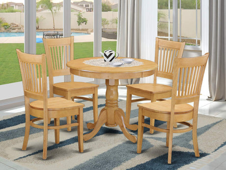East West Furniture ANVA5-OAK-W 5 Piece Dining Set Includes a Round Dining Room Table with Pedestal and 4 Wood Seat Chairs, 36x36 Inch, Oak East West Furniture