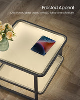 VASAGLE Nesting Tables, Frosted Glass Coffee Table with LED Lights, Modern Square Side Tables with Bottom Shelf, for Living Room, Bedroom, Office, Cloud White and Ink Black (Set of 2) VASAGLE