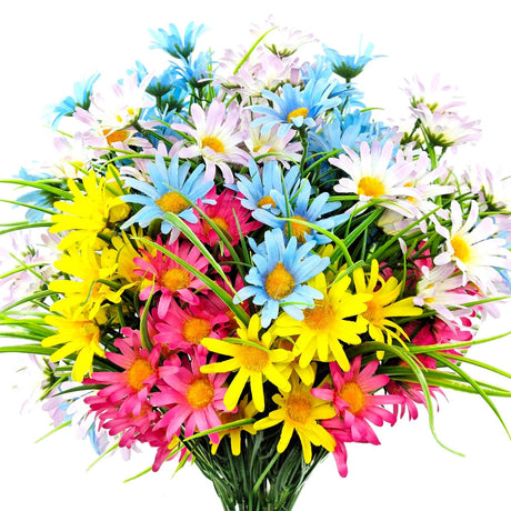 FOUSUKA 4 Bundles Artificial Large Daisy Fake Plants Flowers Faux Silk Wildflowers Bouquet Outdoor UV Resistant for Home Decor Indoor Outside Garden Front Porch Planters Decoration (Multi Color) FOUSUKA