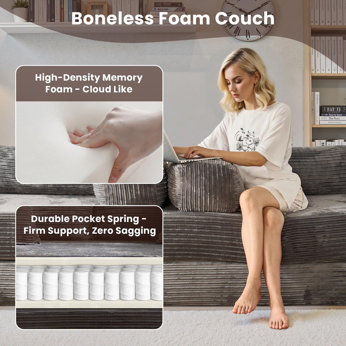 weaxty W 81" Convertible Sleeper Sofa Bed No Assembly - Corduroy Teddy Floor Couch with Fixed-Shape Frame - Boneless Foldable Loveseat for Small Spaces Living Room (Gray, Sofa Bed) weaxty W