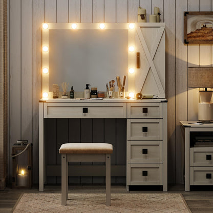 Furniouse Makeup Vanity Desk with Mirror and Lights, 42" Large Vanity with Cabinet Storage and 5 Drawers,Farmhouse Vanity Table Set for Bedroom White, Stool Included - WoodArtSupply