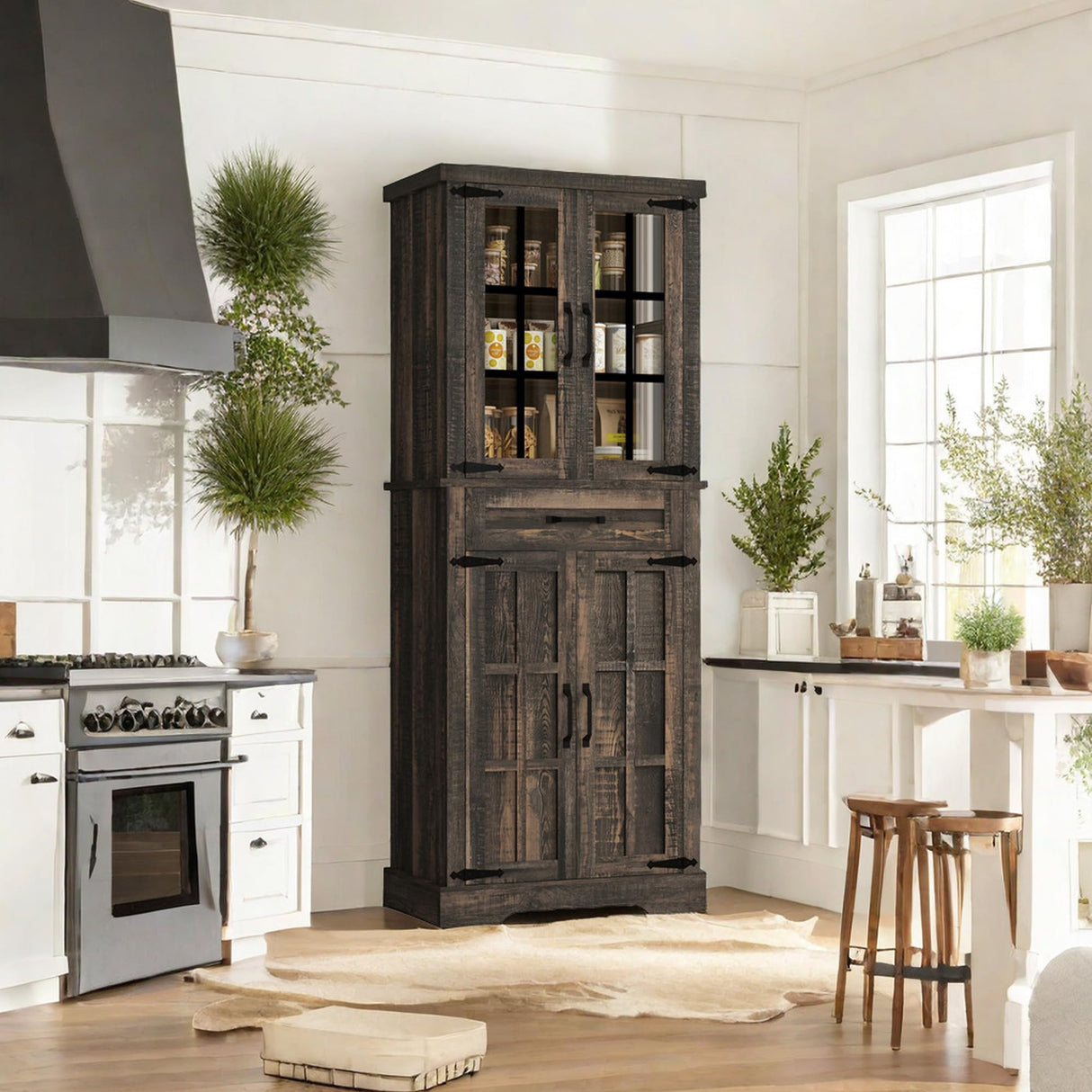 YITAHOME 71" Farmhouse Storage Cabinet, Kitchen Pantry, Wooden, Hutch, Tall Cabinet with 1 Drawers, 5 Storage Shelves, Freestanding for Living Room, Kitchen with 2 Doors Rustic Dark Brown YITAHOME