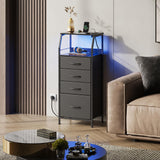 WLIVE Night Stand Set of 2 with Charger Station, Nightstand Sets with LED Light and 4 Storage Drawers, Tall Dressers for Bedroom, Bedside Tables with Fabric Bins, Wood Shelf, Metal Frame, Black WLIVE