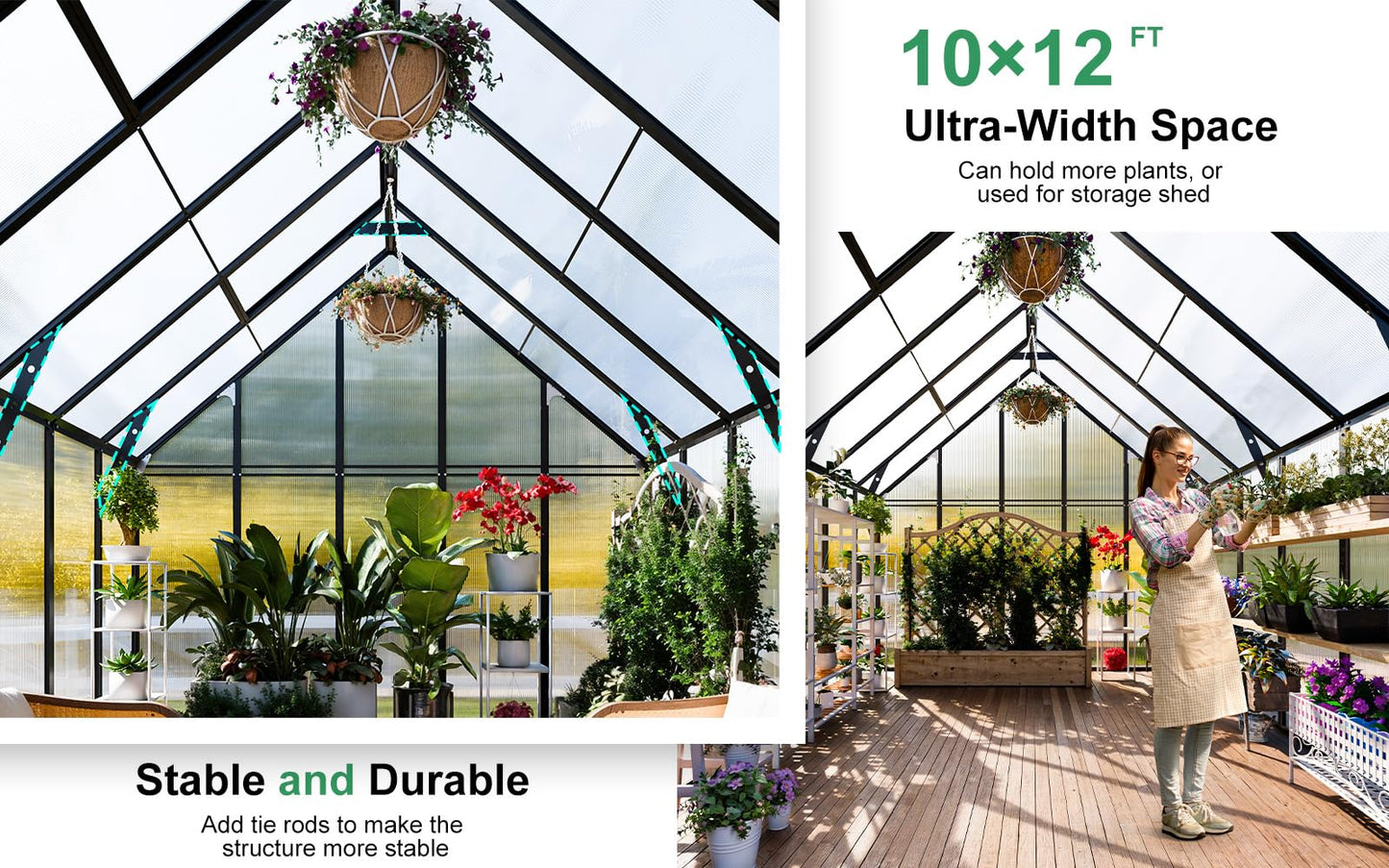 CDCASA 12x10 FT Greenhouse for Outdoors, Easy Assembly Large Aluminum Heavy Duty Polycarbonate Greenhouses Kit w/3 Window, Swing Door, Walk-in Green House for Outsides, Sunroom, Backyard, Garden