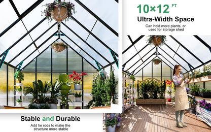 CDCASA 12x10 FT Greenhouse for Outdoors, Easy Assembly Large Aluminum Heavy Duty Polycarbonate Greenhouses Kit w/3 Window, Swing Door, Walk-in Green House for Outsides, Sunroom, Backyard, Garden