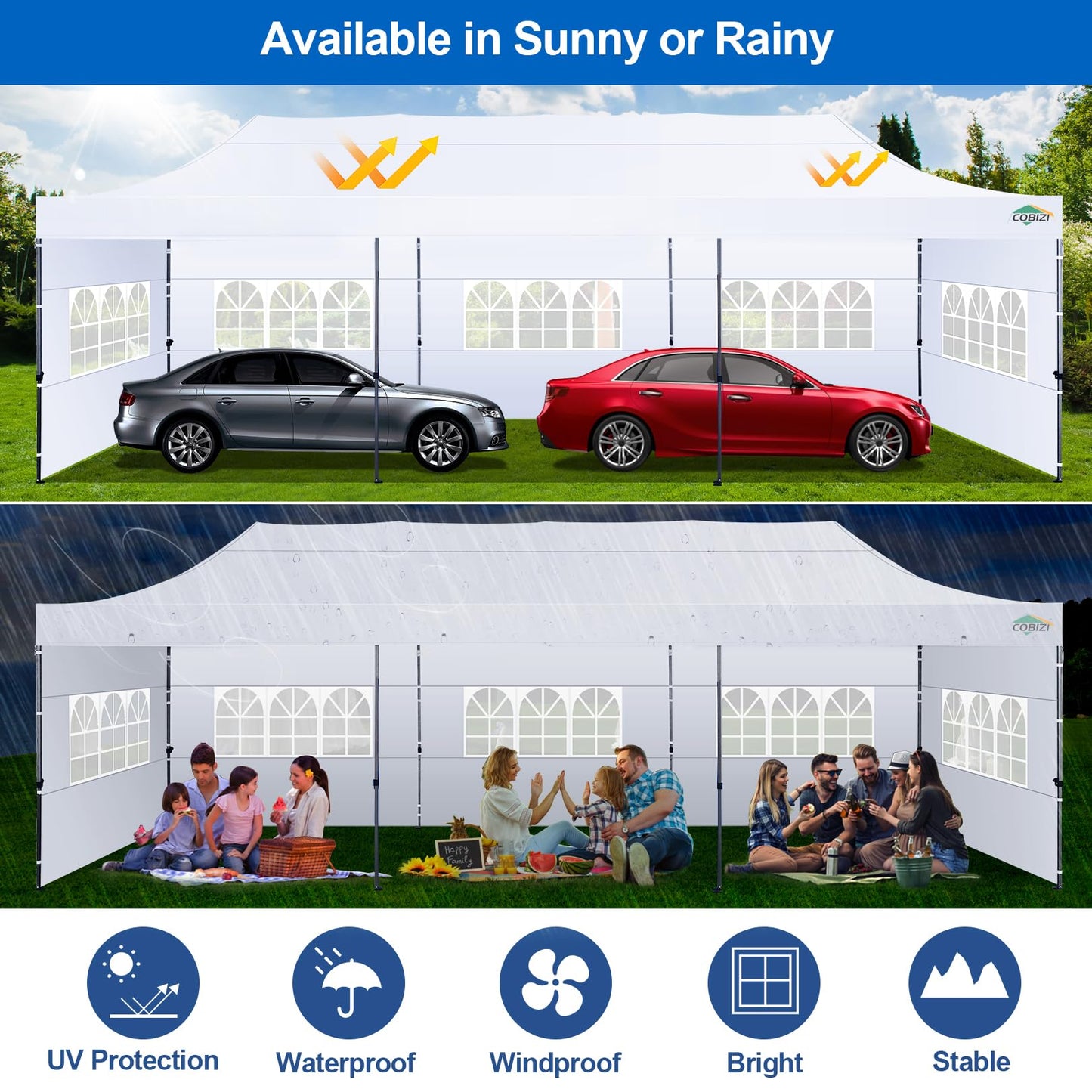 COBIZI 10x30 Pop up Canopy Tent 10x30 Canopy with 8 Sidewalls Waterproof Heavy Duty Commercial Canopy Tent for Parties Outdoor Tent Garden Gazebo Tent, Carry Bag with Wheel(10x30ft, White) - WoodArtSupply