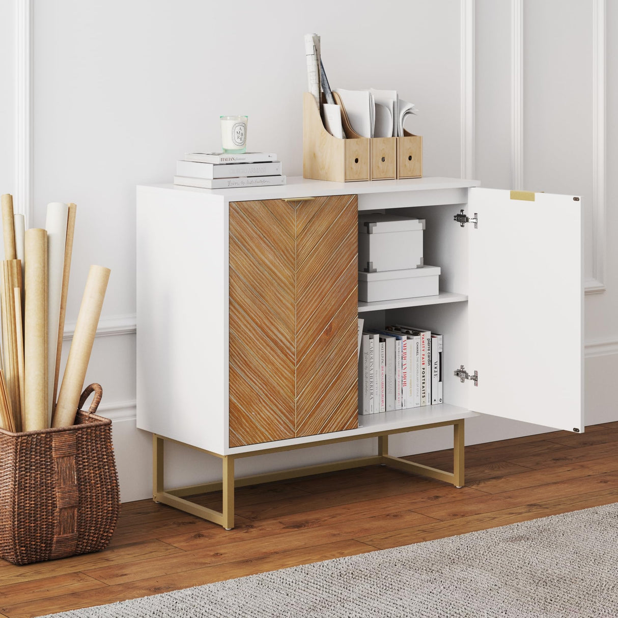 Nathan James Wood Accent Modern Free Standing Buffet Sideboard Hallway, Entryway, Dining Living Room, 1 Storage Cabinet, Enloe - White/Gold Nathan James
