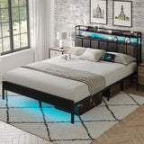 CollaredEagle Queen Size Bed Frame with Headboard, Metal Bed Frame with Charging Station and LED Lights, Heavy Duty Bed with Storage Shelves,Noise Free,No Box Spring,Black CollaredEagle