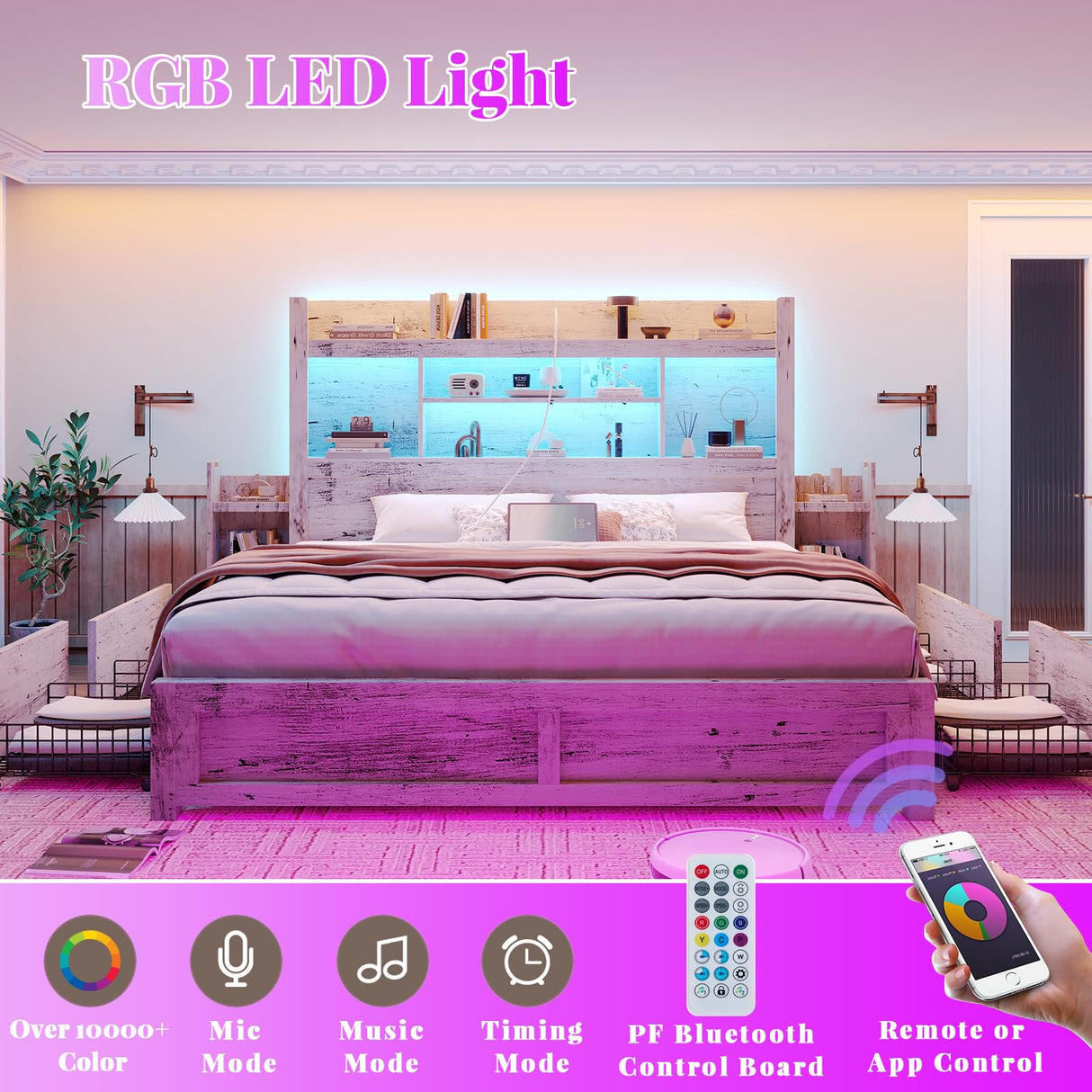 LUXOAK Distressed White King Bed Frame with Bookcase Headboard, RGB LED & Charging Station LUXOAK