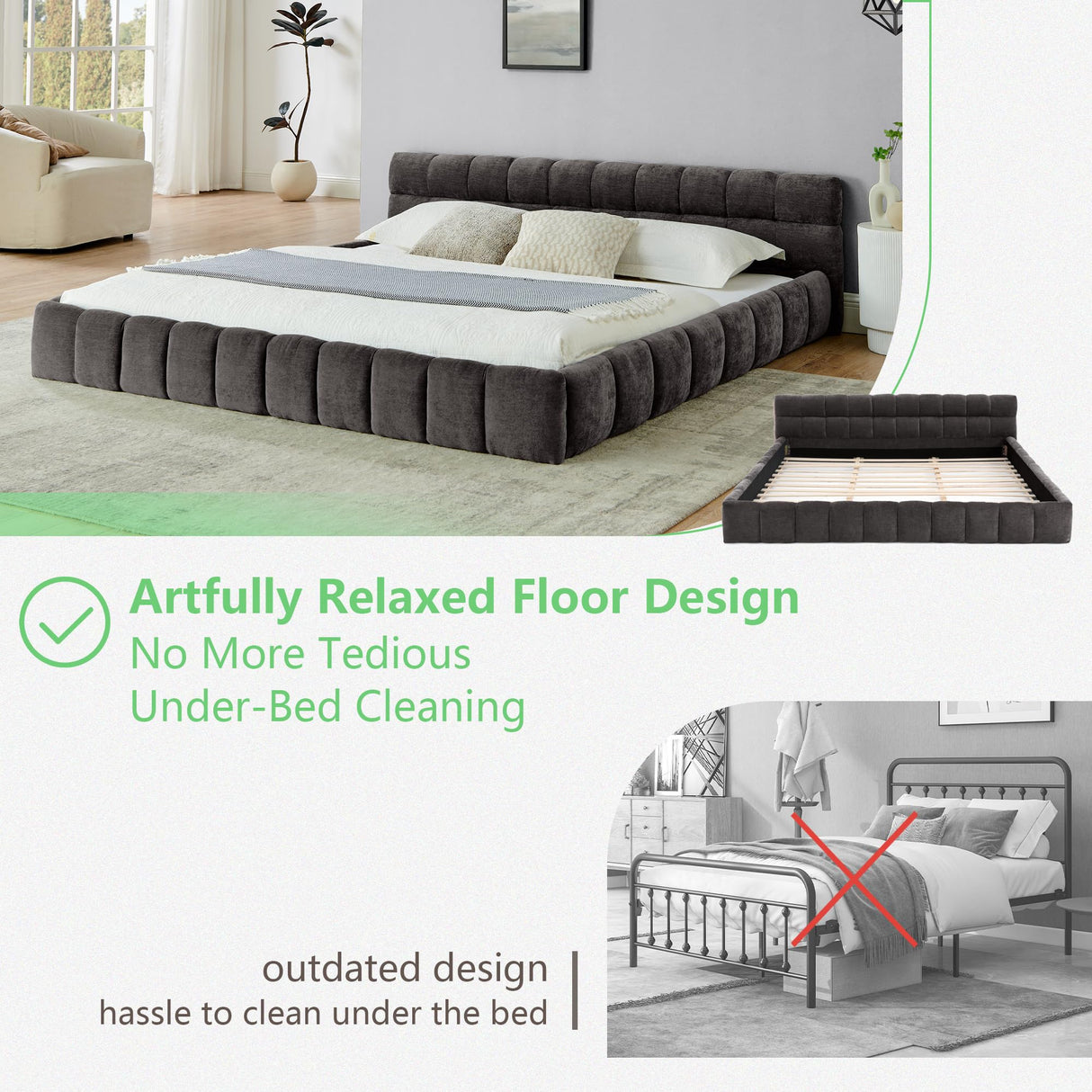 Olodumare King Grounded Bed Frame with Headboard, Cute Puff Grid Pattern Chenille Upholstered Platform Floor Bed with Sturdy Slats, No Box Spring Needed, Easy Assembly, Charcoal Grey Olodumare