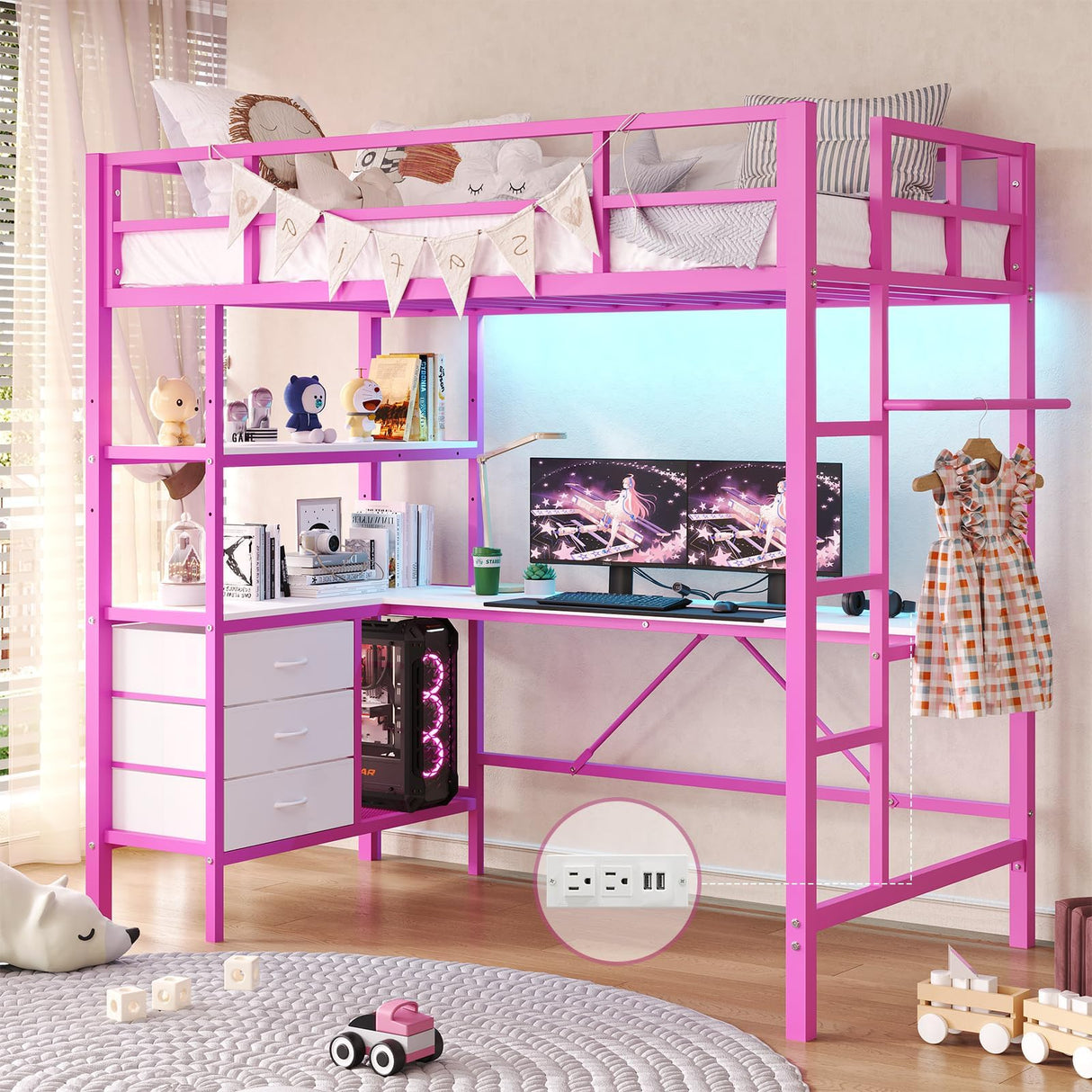 DICTAC Loft Bed Twin Size with L-Shaped Desk, LED Lights and Charging Station Twin Metal Loft Bed Frame with 3 Storage Shelves and 3 Fabric Drawers, Safety Guard & Ladder, No Box Spring Needed, Pink DICTAC