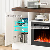 77" Fireplace TV Stand for 85 Inch TV, 50'' Electric Fireplace, Power Outlet, LED Farmhouse Media Entertainment Center Console Table for Living Room, White JassmiPkwy