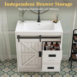 LUXOAK 31" Farmhouse Sliding Barn Door Bathroom Vanity with Sink Combo, Bathroom Vanity Cabinet with Drawers & Metal Handles, Freestanding, Distressed White LUXOAK
