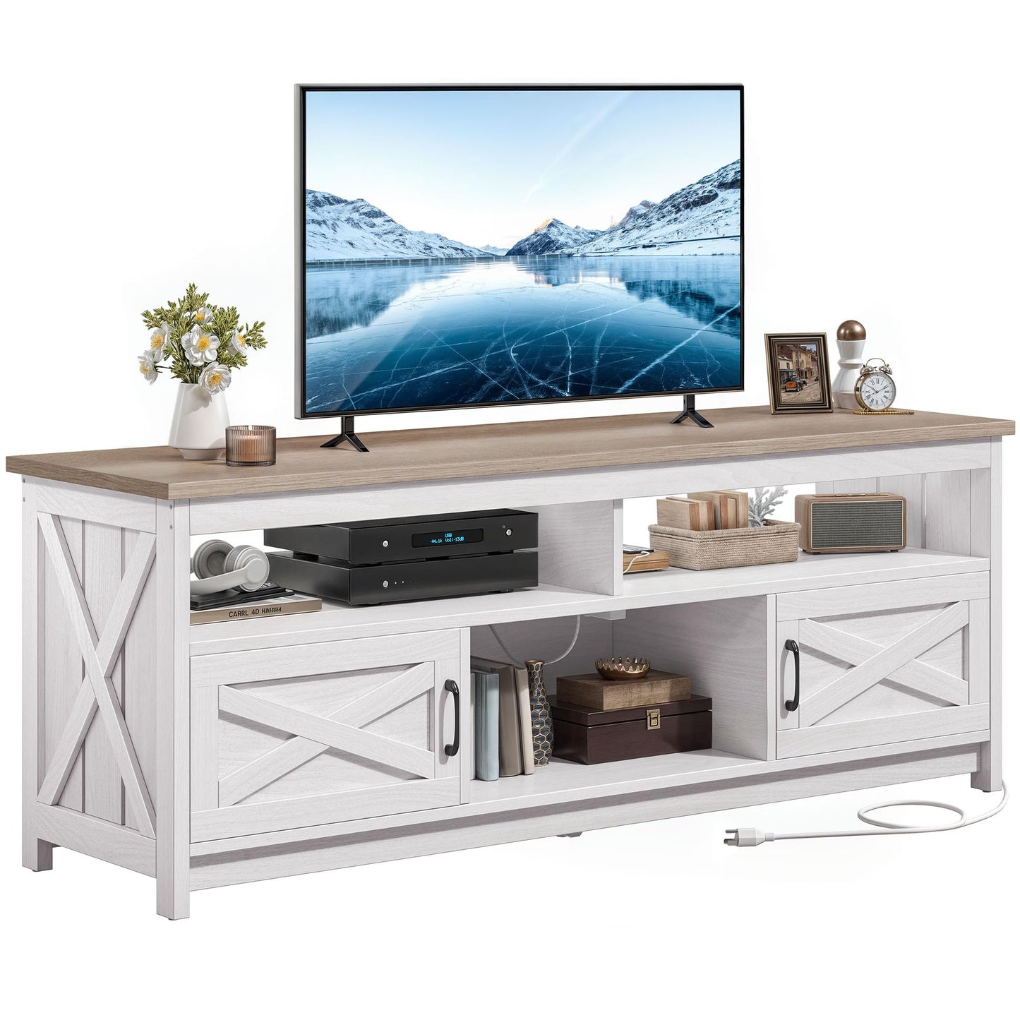 YITAHOME TV Stand for 75 Inch TV w/Power Outlets, Farmhouse Entertainment Center with Storage Cabinets, Rustic TV Cabinet Media Console Table for Living Room, 65'' Large TV Stand, Grey White/ - WoodArtSupply