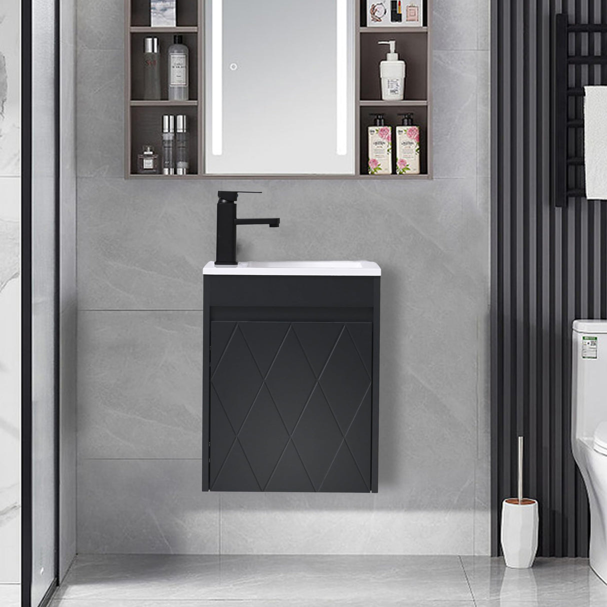 USBATHJOY 16" Bathroom Vanity Sink Combo for Small Space, Wall Mounted Bathroom Cabinet Set with White Resin Basin Sink Top Black Faucet Pop Up Drain Black USBATHJOY