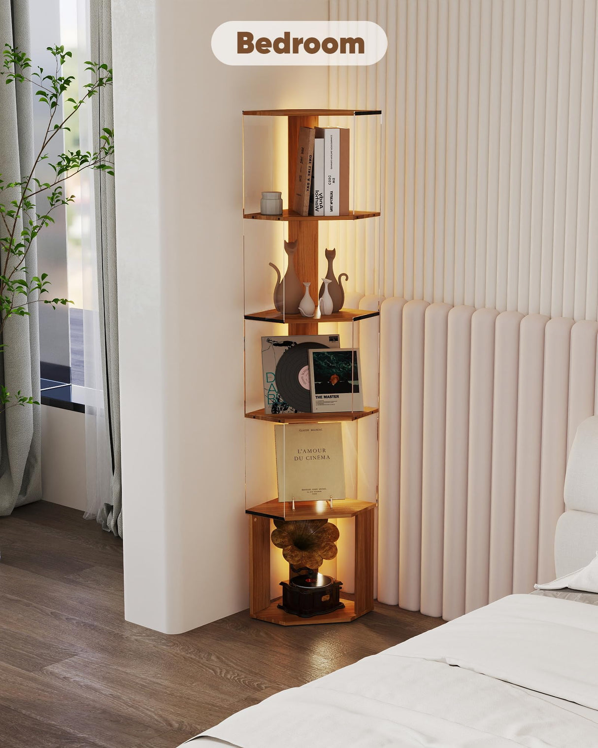 6 Tier Corner Shelf with Adjustable LED Light Corner Shelf Stand 62.8in High Acrylic Corner Display Cabinet for Living Room Bedroom Study Room Baoz