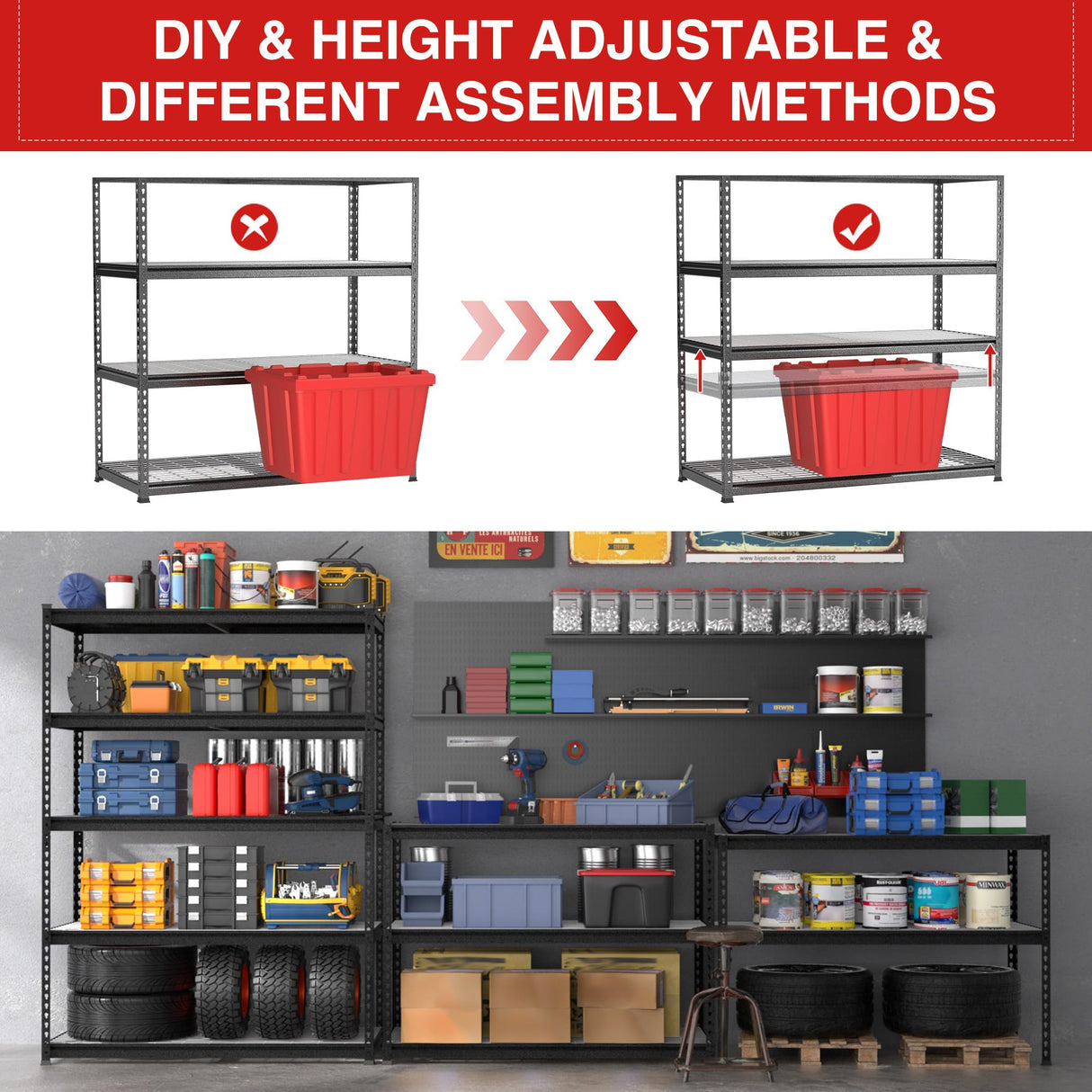 WORKPRO Heavy Duty Shelving - 5-Tier, 48'W x 24'D x 72'H, Adjustable Metal Shelves for Garage, Basement, Warehouse, Workshop - Black/Sliver WORKPRO