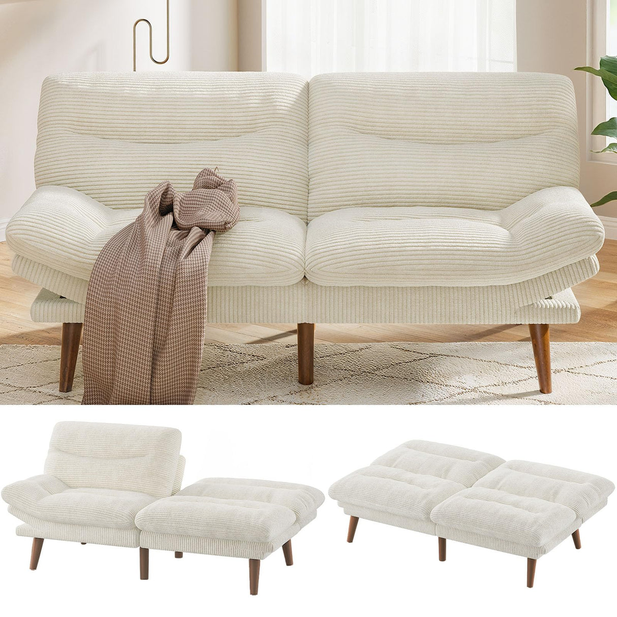 Pipishell Convertible Futon Sofa Bed,66" Corduroy Futon Couch with Adjustable Backrest and Armrests, Recliner Sleeper Sofa for Small Spaces, Play Room or Office, White Pipishell