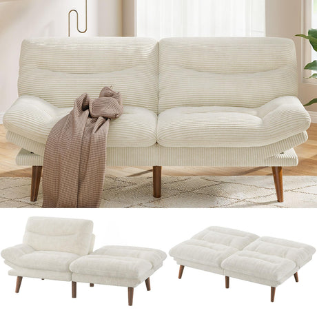 Pipishell Convertible Futon Sofa Bed,66" Corduroy Futon Couch with Adjustable Backrest and Armrests, Recliner Sleeper Sofa for Small Spaces, Play Room or Office, White Pipishell
