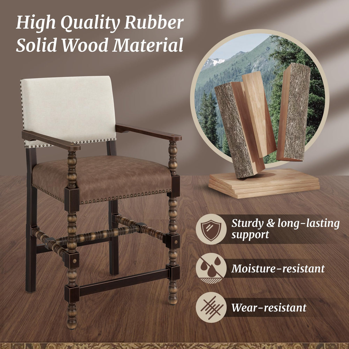 Cozyman Counter Height Bar Stools Set of 4, 26''French Leather Barstools with Arms and Backrest, Counter Stool with Solid Rubberwood Frame, Upholstered Farmhouse Bar Stools, Linen Color-Espresso Cozyman