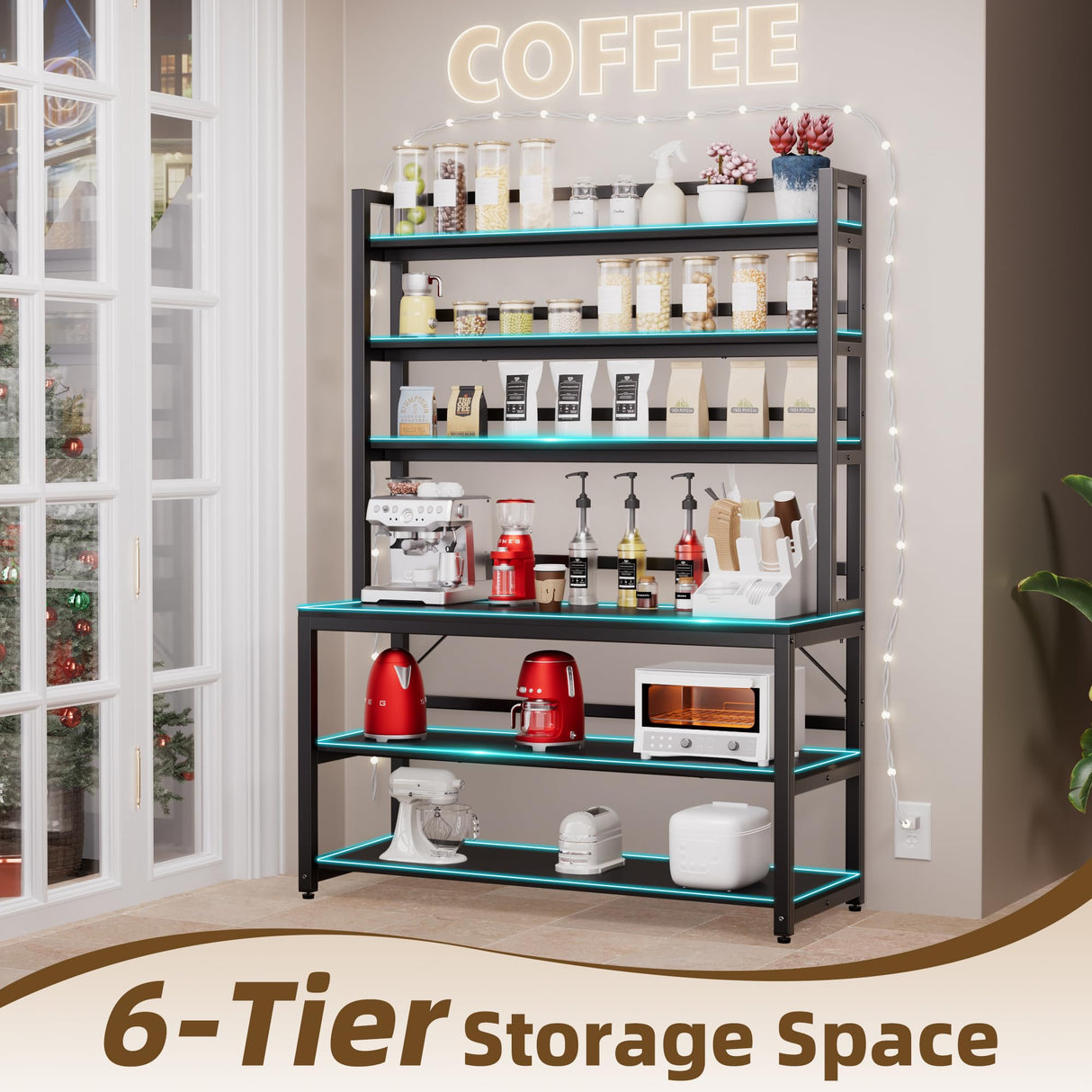 Aquzee Large Bakers Rack for Kitchens, 47in Wide (47.2“W x 15.7”D x 70.8" H) 6 Tiers Kitchen Stand with Hutch & Storage, Black Freestanding Tall Bakers Racks Organizer with Shelves Aquzee