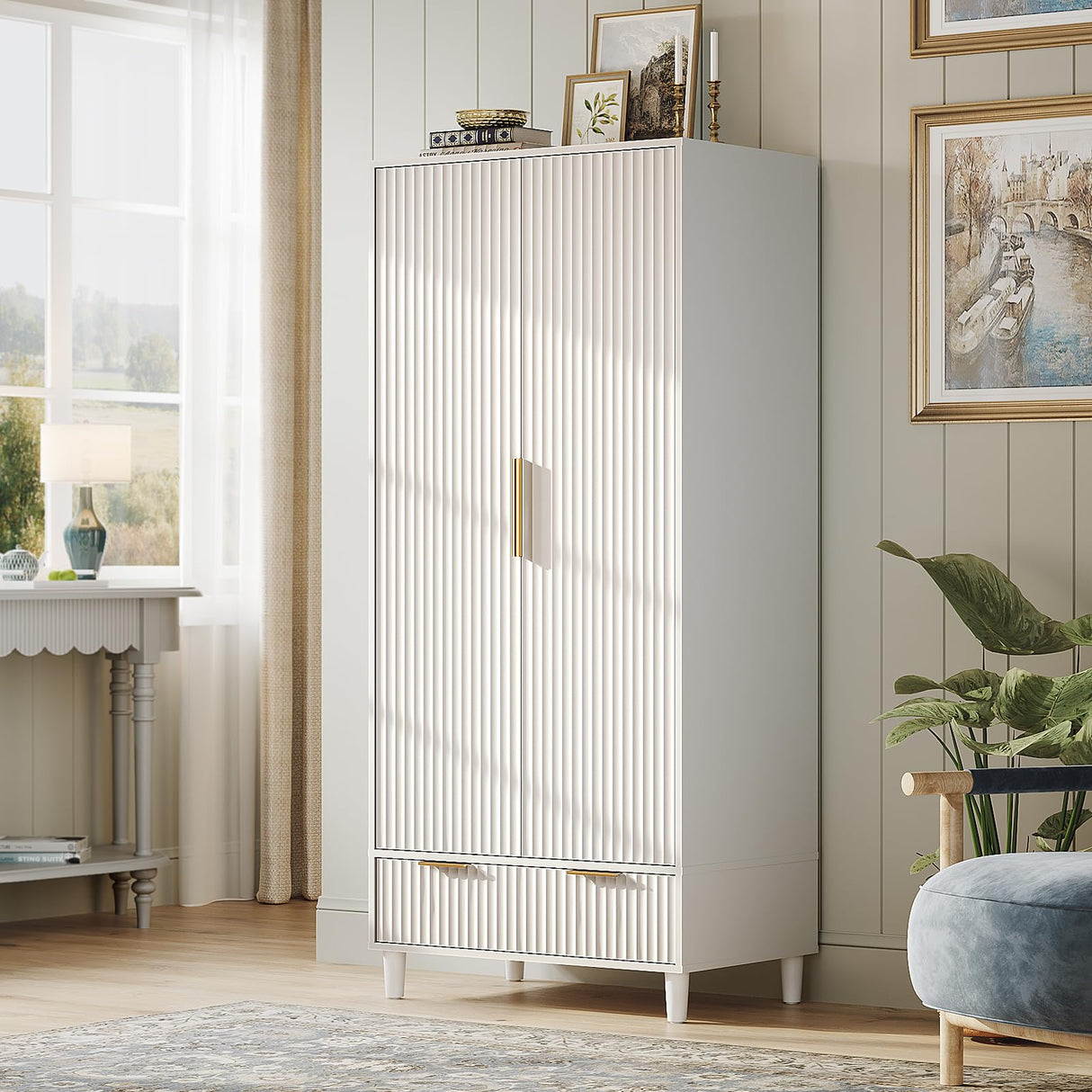 VINGLI Fluted Wardrobe Closet Armoire with Doors And Drawers, White Wardrobe Cabinet with Hanging Rack, Bedroom Closet Wood, Free Standing Armoire with Shelf and Solid Wood Legs, 31.5"W*19.7"D*69.3"H VINGLI