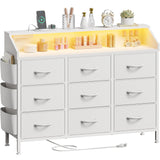 Lulive White Dresser for Bedroom 9 Drawers - Fabric Dressers for Bedroom with LED Light & Charging Station - Kids Adults Chest of Drawers for Living Room Hallway Closet Nursery (White) Lulive