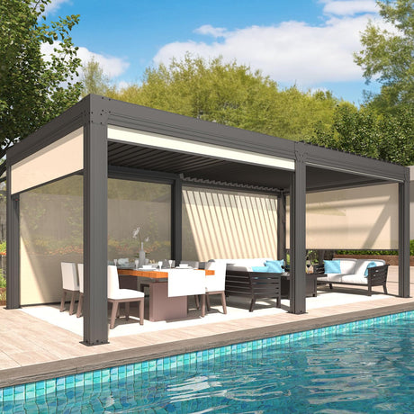 YOLENY Louvered Pergola and 6 Pull-Down Screens, 10x20FT All Aluminum Pergola with Adjustable Rainproof Roof, Outdoor Sun Shade Shelter for Patio, Weatherproof, Dark Gray YOLENY