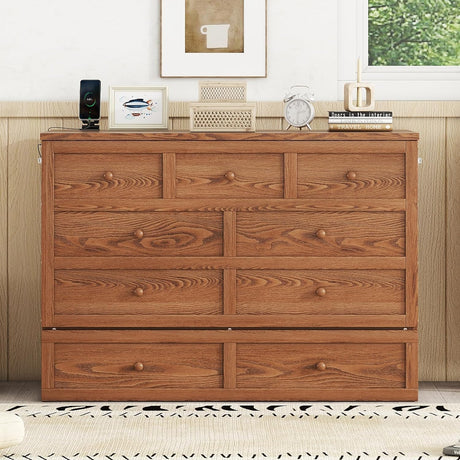 MERITLINE Solid Pine Wood Full Murphy Bed with Storage Drawer and Charging Station,Wood Folding Walnut Murphy Chest Bed Cabinet for Adults MERITLINE