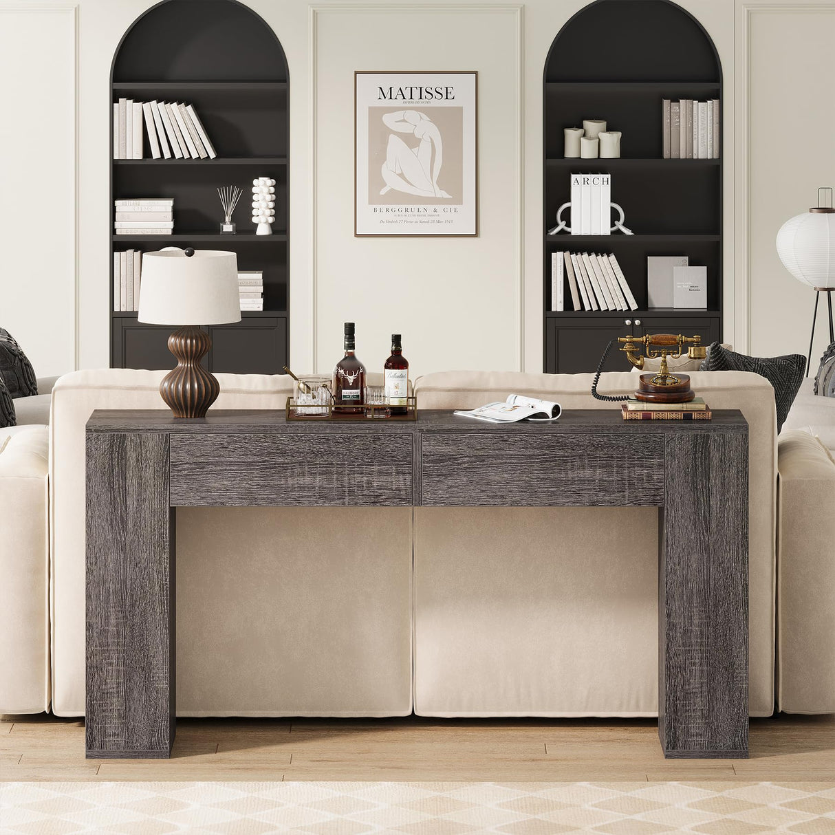 Condemo Farmhouse Console Table with LED Light and 2 Drawers, 55 inch Long Sofa Table Behind Couch, Narrow Entry Table for Entryway, Hallway, Entrance, Living Room (Gray Brown) Condemo