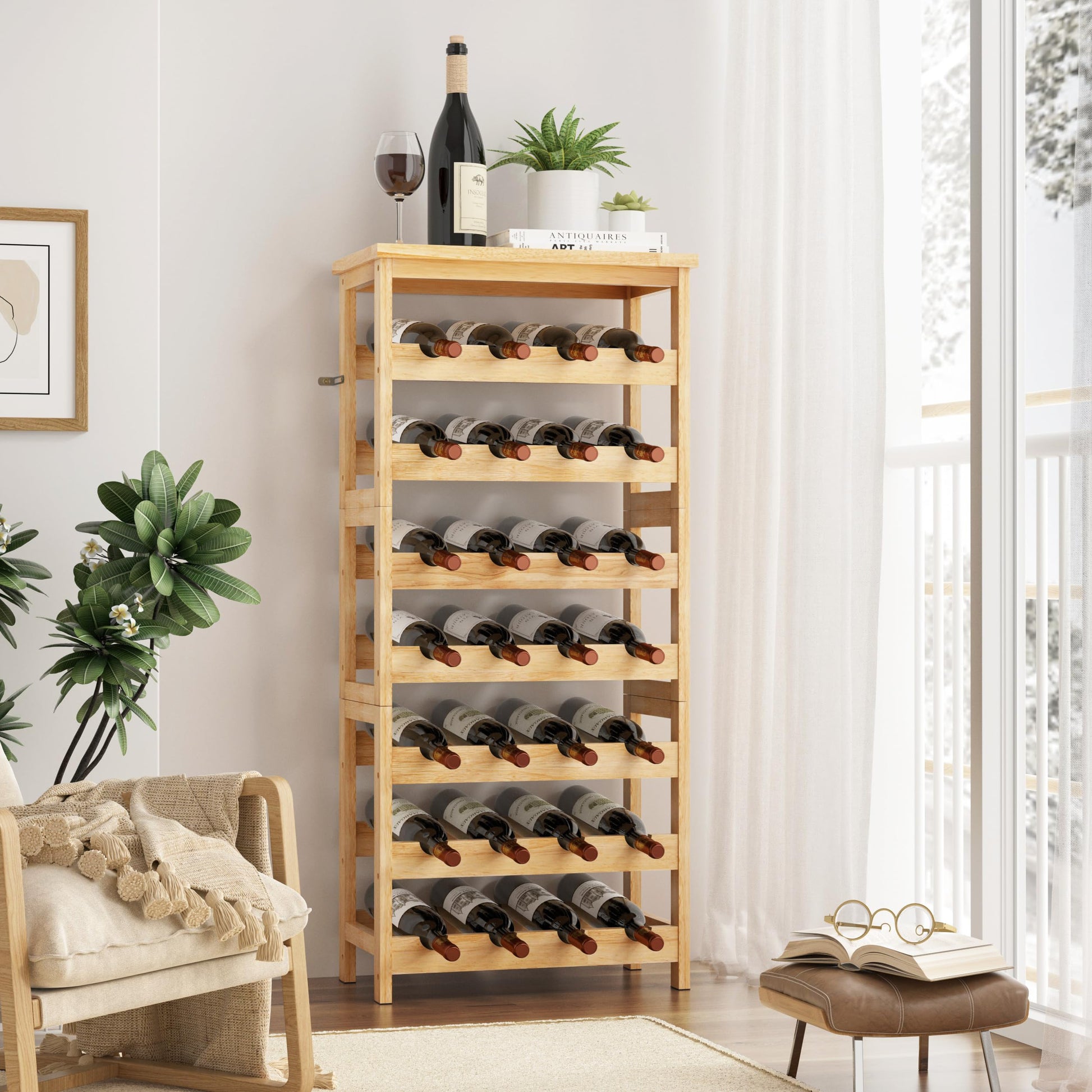 28-Bottle Wine Rack Free Standing Floor, Solid Wood 7-Tier Display Wine Storage Shelves with Tabletop, Wobble-Free Bottle Holder for Cellar Kitchen - WoodArtSupply