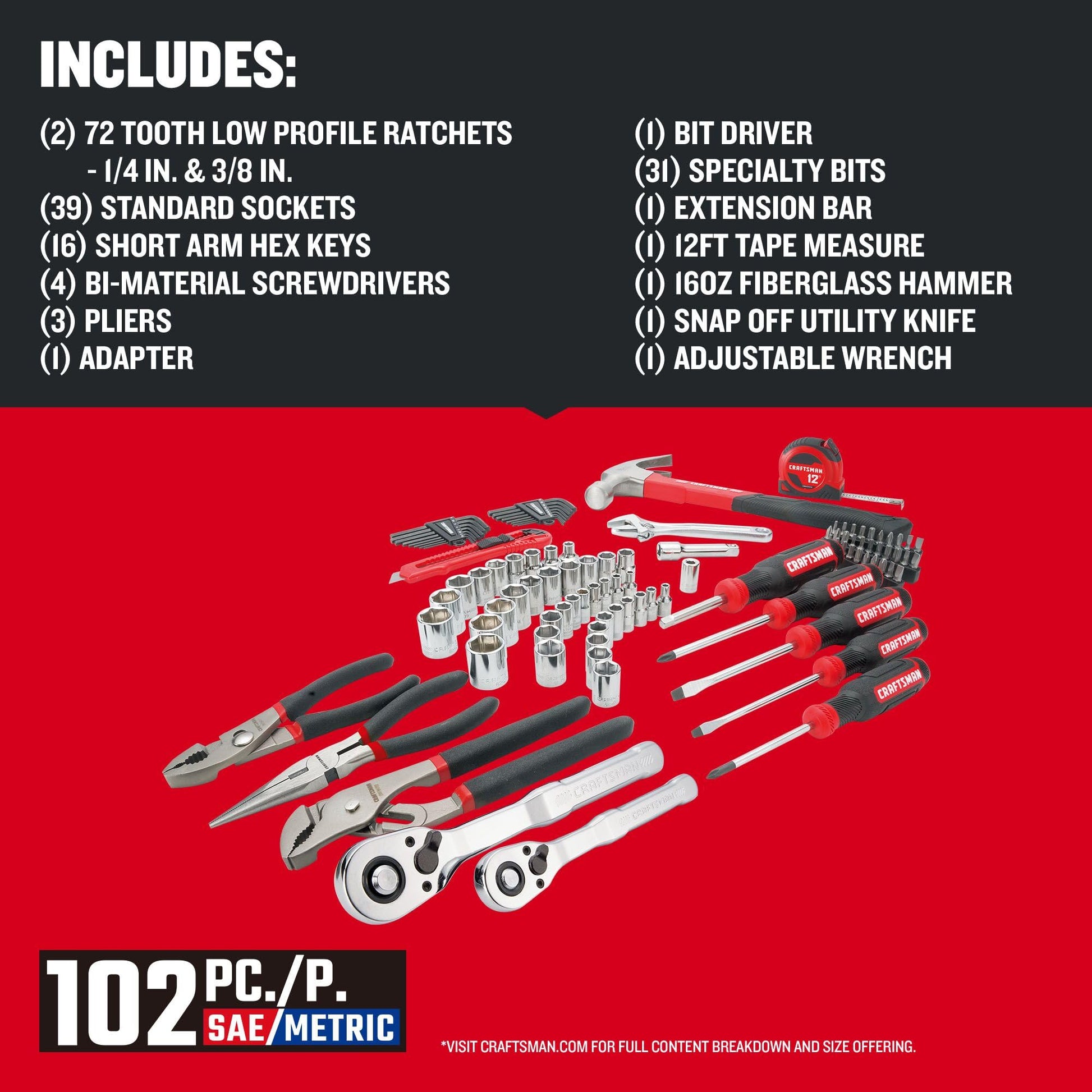 CRAFTSMAN Mechanics Tool Set, 102 Piece Hand Tool and Socket Set SAE/Metric (CMMT99449) - WoodArtSupply