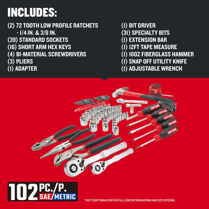 CRAFTSMAN Mechanics Tool Set, 102 Piece Hand Tool and Socket Set SAE/Metric (CMMT99449) - WoodArtSupply